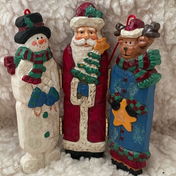 Vintage Christmas ornament- snowman, Santa & reindeer - hang or stand up, hinges - Picture 2 of 6